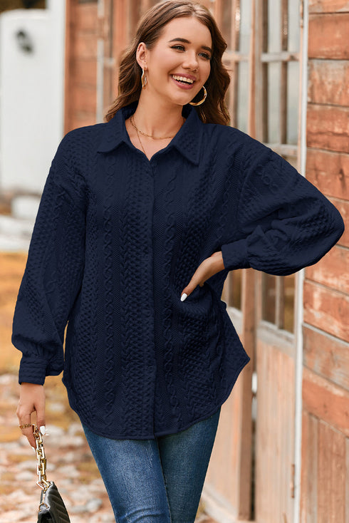 Cable Texture Button Front Puff Sleeve Shacket